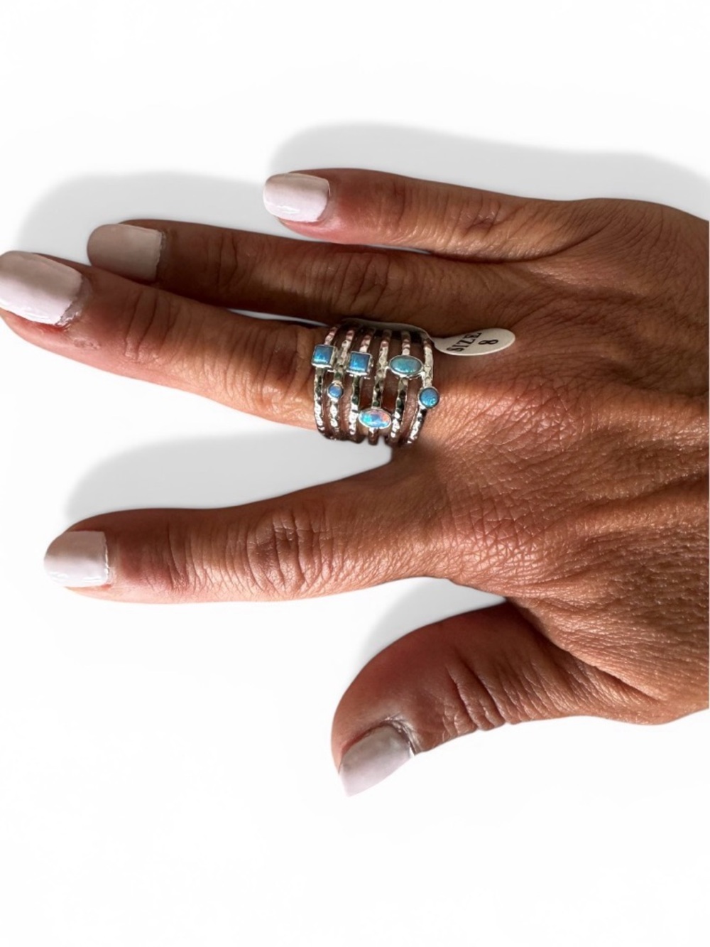 Melinda Maria Size 8 Silver Multi-Band Ring with Blue Opal Stones New with Pouch